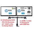 HP 2x EliteDisplay E222 21.5" IPS Business LCDs off-leased A Grade with a new Dual Arm clamp Stand